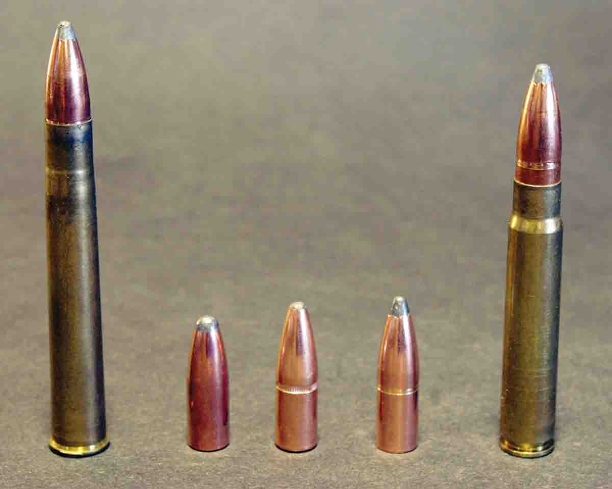 The 9.3x74R at left was developed around the turn of the twentieth century and offers the same basic ballistics as the 9.3x62 Mauser at right for break-action guns. John’s double regulates well with loads using the (left to right): Speer 270-grain Hot-Cor, Hornady 286 InterLock and the Nosler 286-grain Partition.